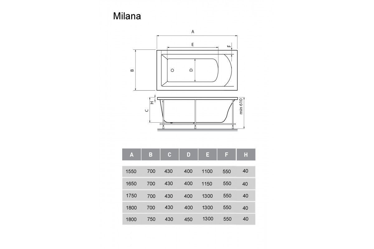 Акриловая ванна белая 180x70см Vayer Milana Гл000024275