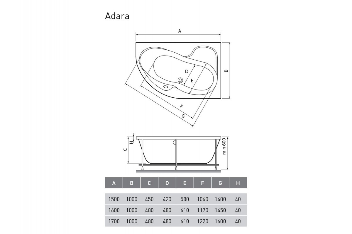 Акриловая ванна белая правая 170x100см Relisan Adara Гл000013732