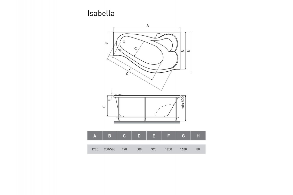 Акриловая ванна белая правая 170x90см Relisan Isabella Гл000010530