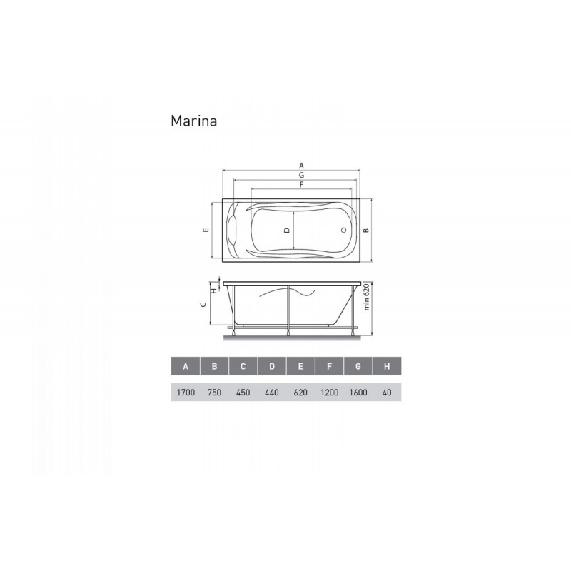Акриловая ванна белая 170x75см Relisan Marina Гл000008874