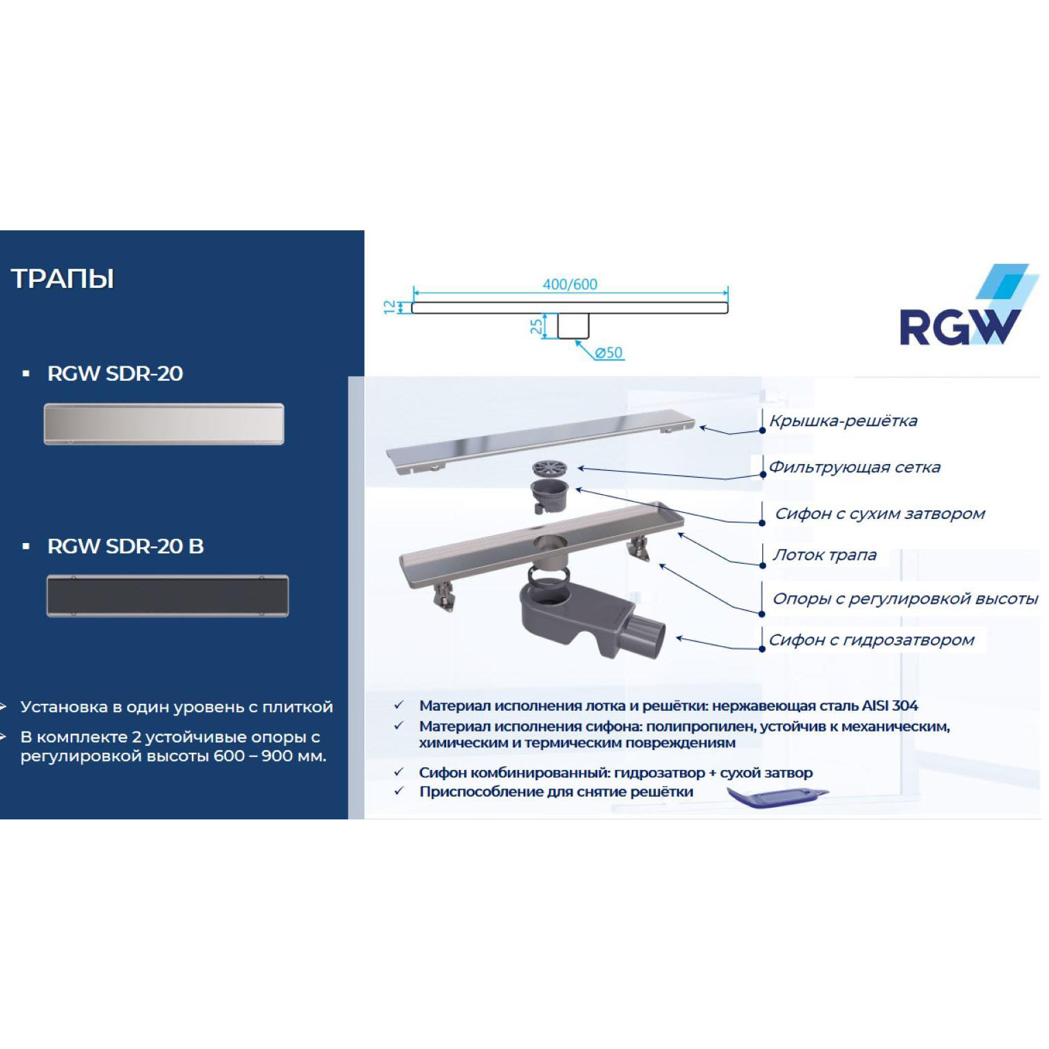 Душевой трап RGW SDR-20B 600 черный, крышка решетка чернаяДушевые лотки и трапы