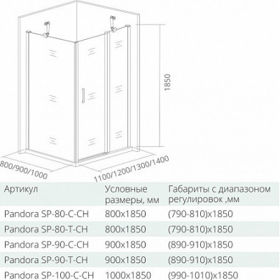 Боковая часть 100х185см хром GoodDoor Pandora ПД00090