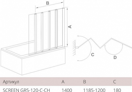 Душевая шторка на ванну 120х140см хром GoodDoor Screen ПД00082