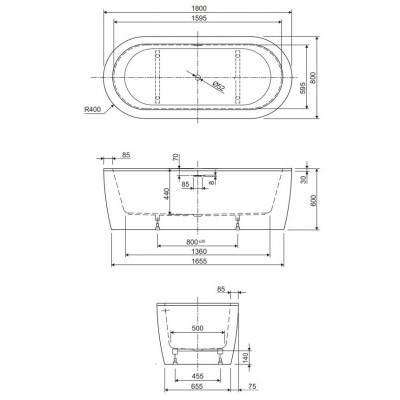 Акриловая ванна белая 180x80см Cezares SLIM CENTRAL-180-80-60-W37-SET