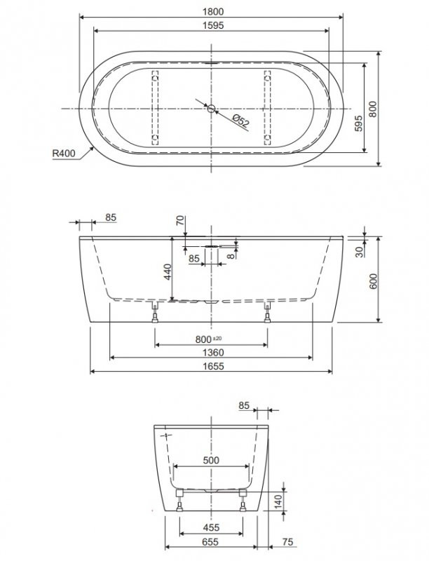 Акриловая ванна белая 180x80см Cezares SLIM CENTRAL-180-80-60-W37-SET