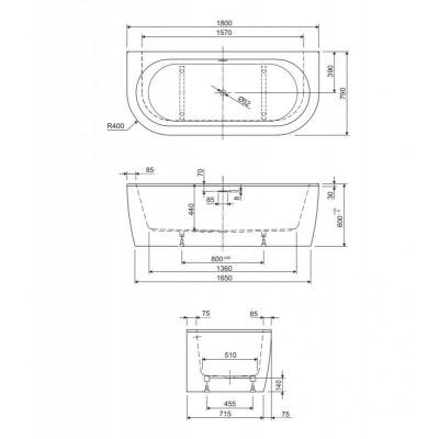 Акриловая ванна белая 180x79см Cezares SLIM WALL-180-80-60-W37-SET