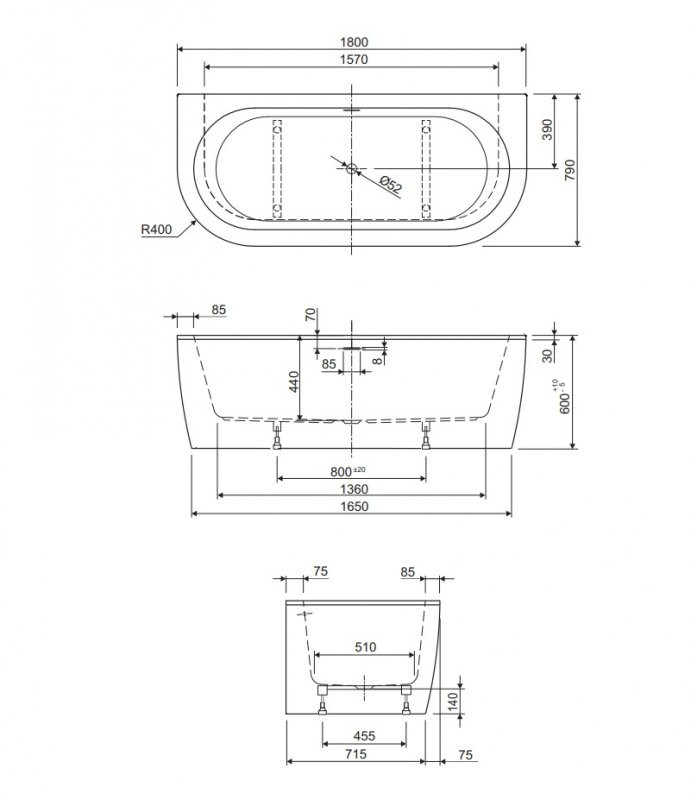Акриловая ванна белая 180x79см Cezares SLIM WALL-180-80-60-W37-SET