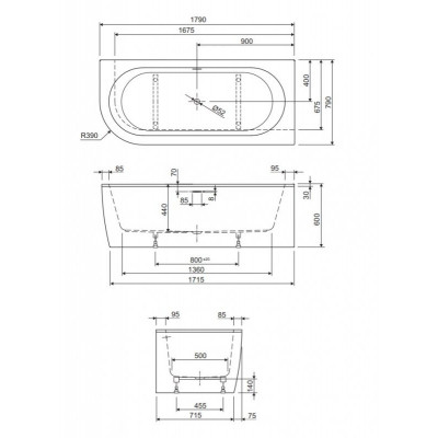Акриловая ванна черная 180x80см правая Cezares SLIM CORNER-180-80-60-R-NERO-SET