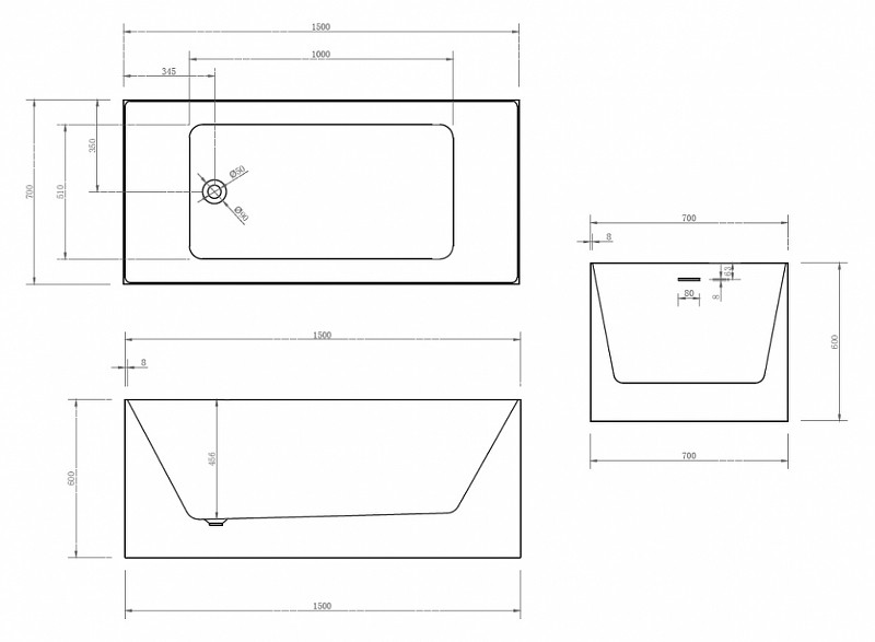 Акриловая ванна белая 150x70см Abber AB9274-1.5