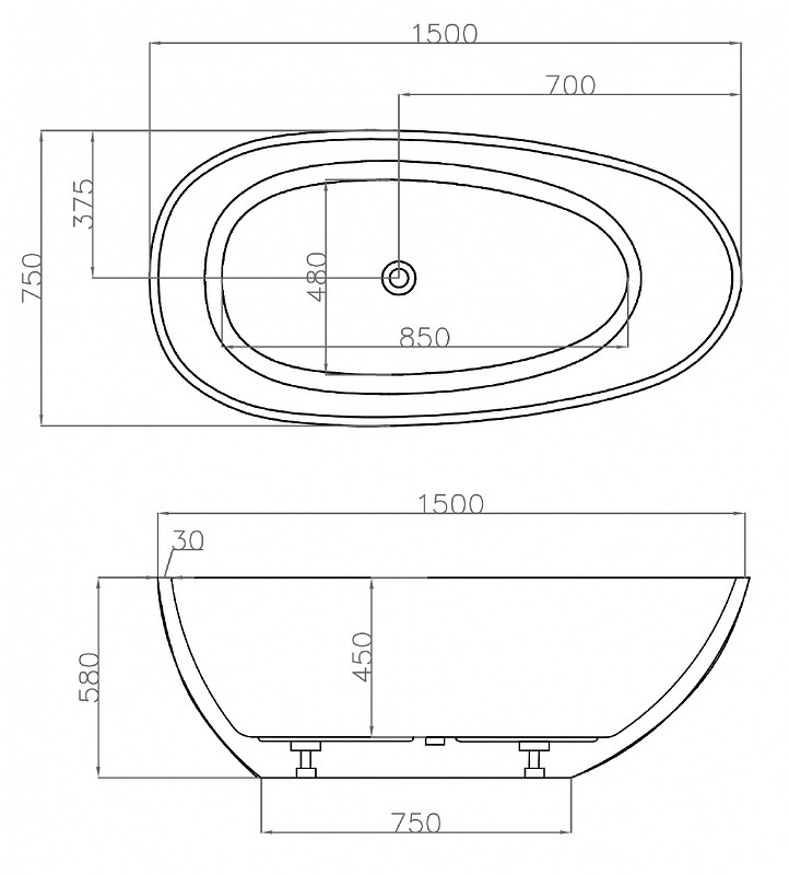 Акриловая ванна белая 150x75см Abber AB9356-1.5