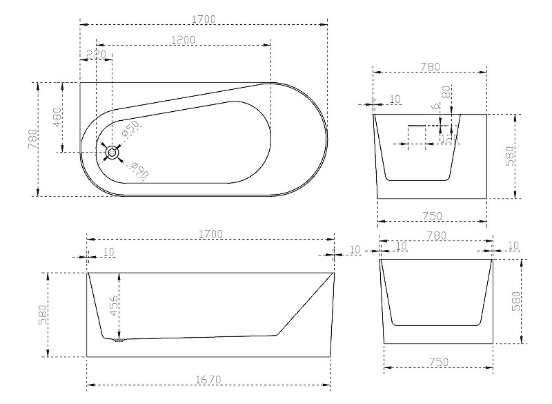 Акриловая ванна белая левая 170x78см Abber AB9496-1.7 L