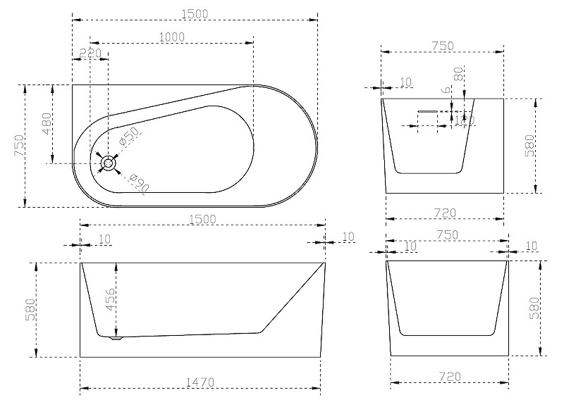 Акриловая ванна белая левая 150x75см Abber AB9496-1.5 L