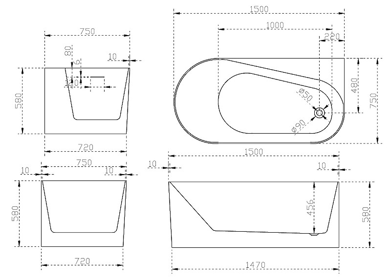Акриловая ванна белая правая 150x75см Abber AB9496-1.5 R