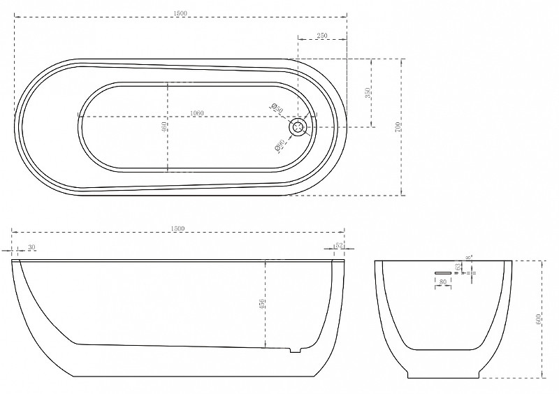 Акриловая ванна белая 150x70см Abber AB9341-1.5