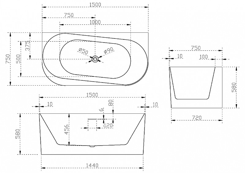 Акриловая ванна белая 150x75см Abber AB9494-1.5