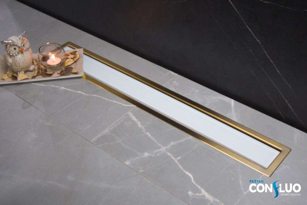 Душевой лоток Pestan Confluo Premium White Glass Line 650 Gold, белое, стекло, золотая кромка, 13100122