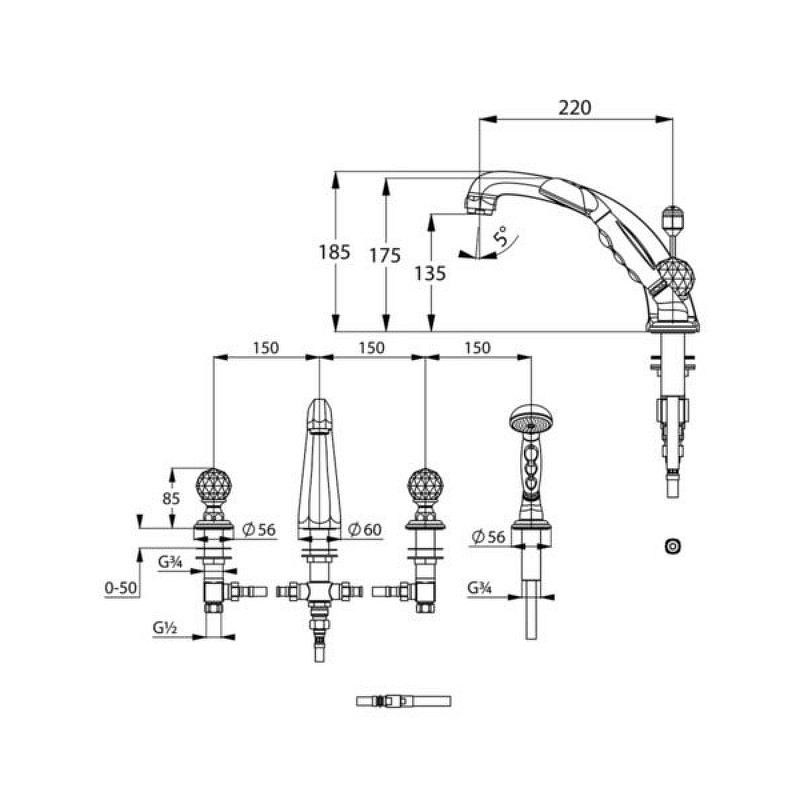 Смеситель на борт ванны хром Kludi Adlon 5152405G5