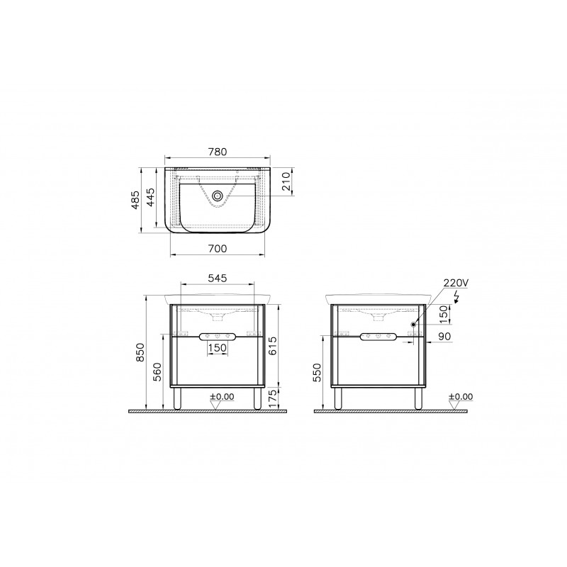 Тумба с раковиной подвесная антрацит 80см Vitra Sento 60836