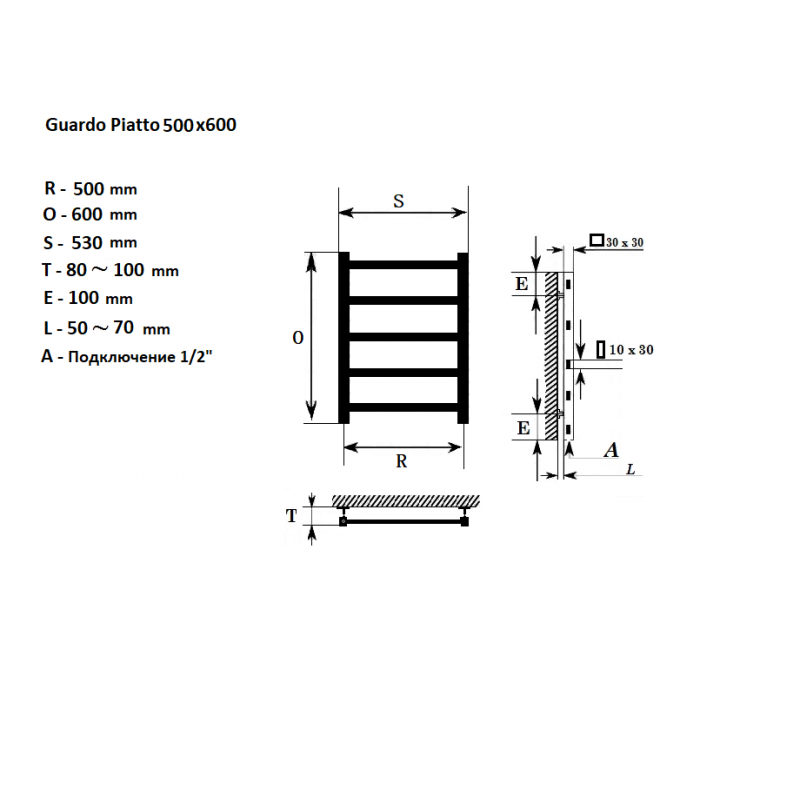 Полотенцесушитель 430x600 GUARDO PIATTO черный матовый RAL9005 (водяной)