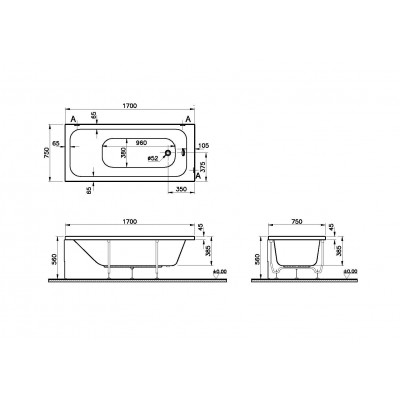 Акриловая ванна белая 170x75см Vitra Optimum Neo 64570001000