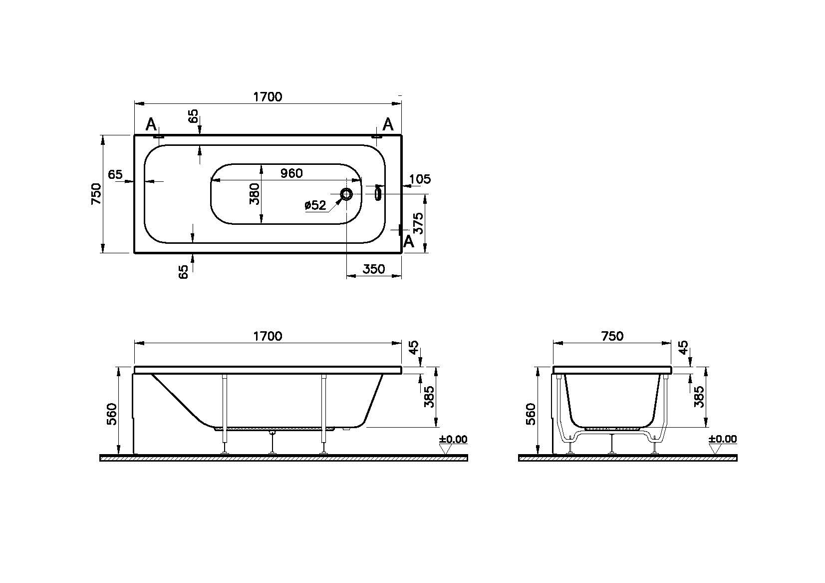 Акриловая ванна белая 170x75см Vitra Optimum Neo 64570001000