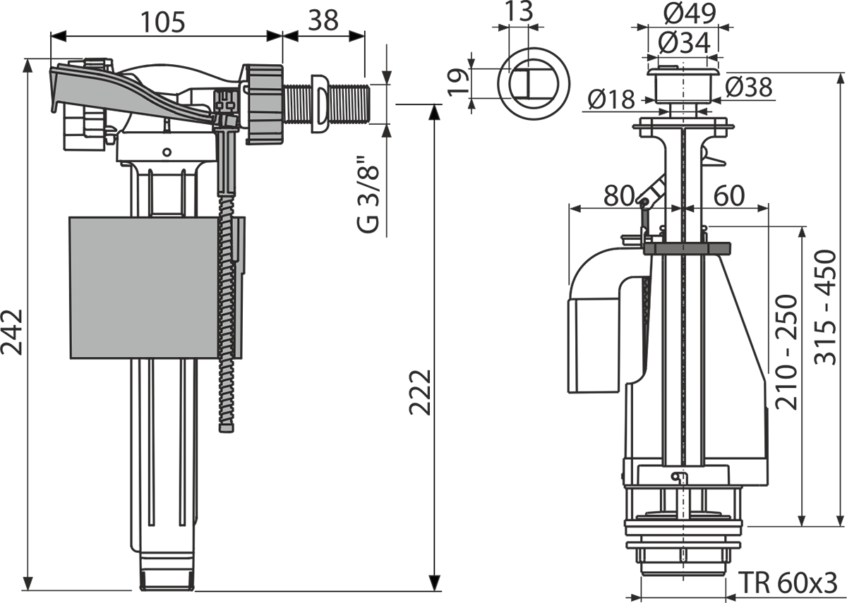 Комплект арматуры с двойной кнопкой Alcadrain SA08A 3/8" CHROM