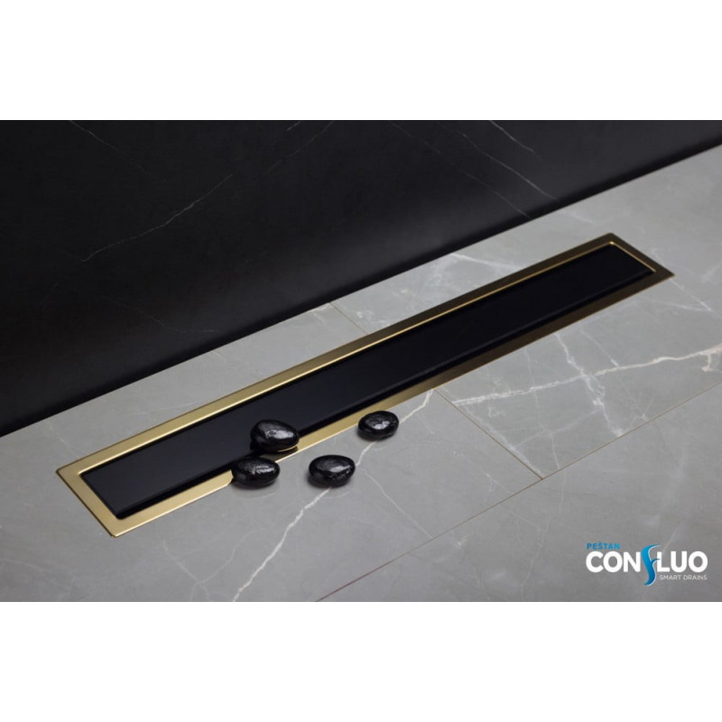 Линейный трап Pestan Confluo Premium Black Glass Line 300 Gold, черное стекло, золотая кромка, 13100113