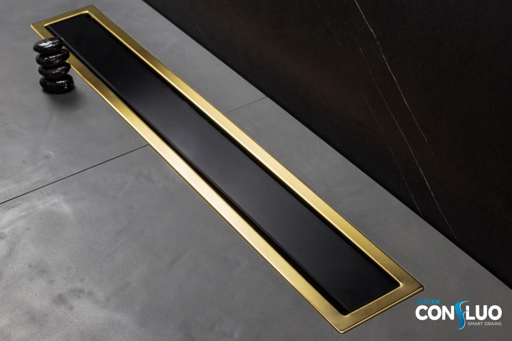 Линейный трап Pestan Confluo Premium Black Glass Line 450 Gold, черное, стекло, золотая кромка, 13100114
