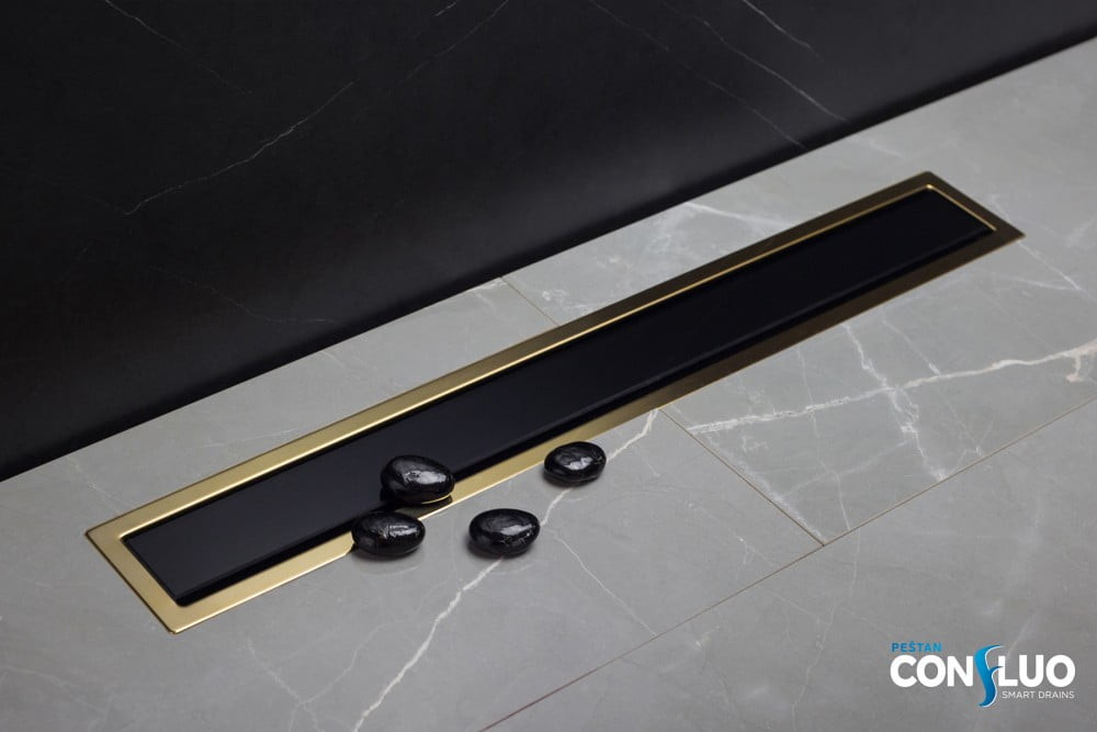 Линейный трап Pestan Confluo Premium Black Glass Line 450 Gold, черное, стекло, золотая кромка, 13100114