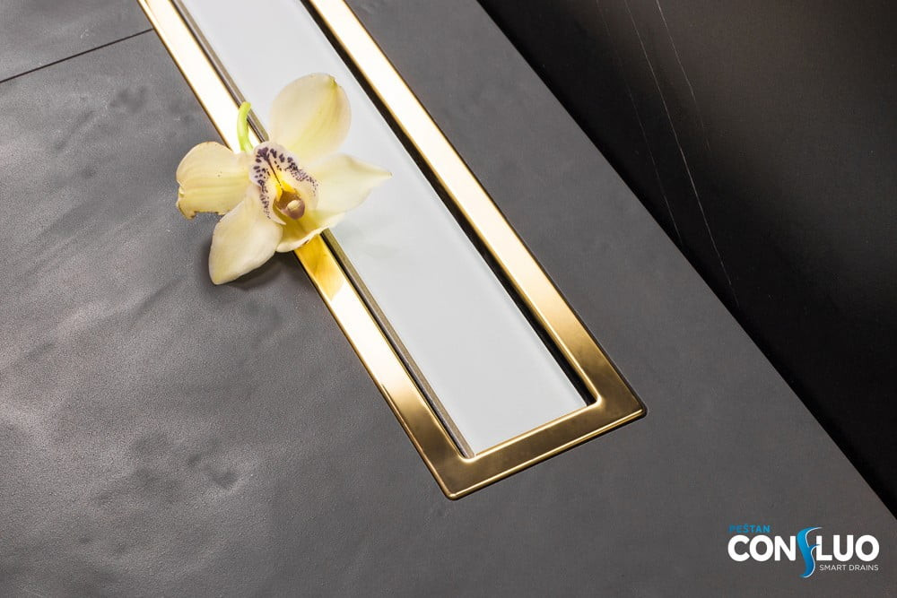 Душевой лоток Pestan Confluo Premium White Glass Line 550 Gold, белое, стекло, золотая кромка, 13100121