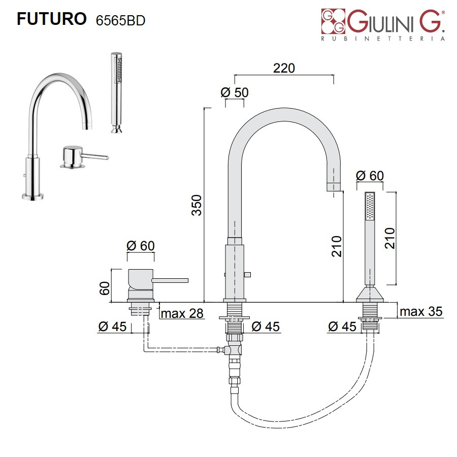 Смеситель на борт ванны золото Giulini Futuro F6565BDO