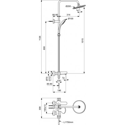 Душевая система Ideal Standard Cerafine O BC525AA высота 1126мм, с настенным смесителем для ванны/душа, глянцевый хром