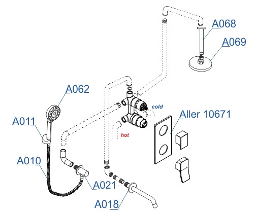 Встраиваемый комплект для ванны с верхней душевой насадкой, лейкой и изливом WasserKRAFT Aller A171668