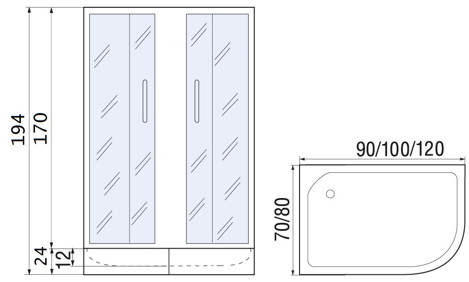 Душевой уголок с поддоном хром 120x80х194см River DON 120/80/24 MT R