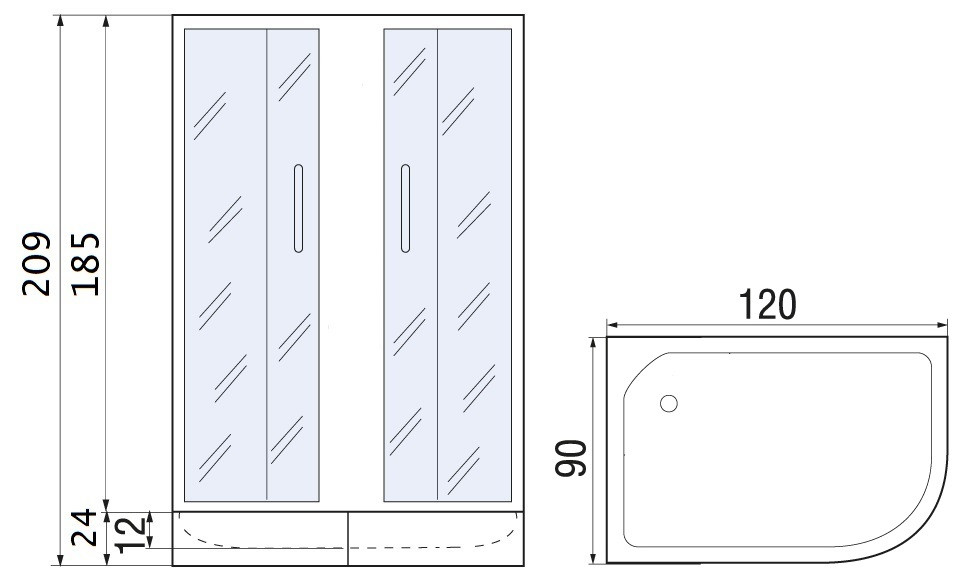 Душевой уголок с поддоном хром 120x90х185см River DON XL 120/90/24 MT L