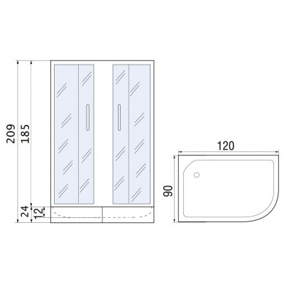 Душевой уголок с поддоном хром 120x90х185см River DON XL 120/90/24 MT R