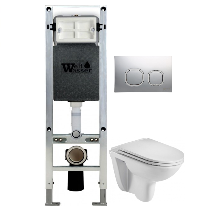 Комплект: Инсталляция, подвесной унитаз и кнопка Welt Wasser AMBERG 350 ST + BAARBACH 004 GL-WT + AMBERG RD-CR