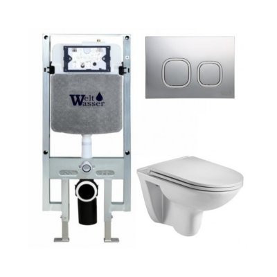 Комплект: Инсталляция, подвесной унитаз и кнопка Welt Wasser AMBERG 497 ST + BAARBACH 004 GL-WT + AMBERG RD-CR