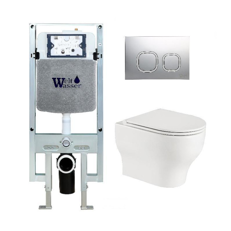 Комплект: Инсталляция, подвесной унитаз и кнопка Welt Wasser AMBERG 497 ST + ERLENBACH 004 GL-WT + AMBERG RD-MT CR