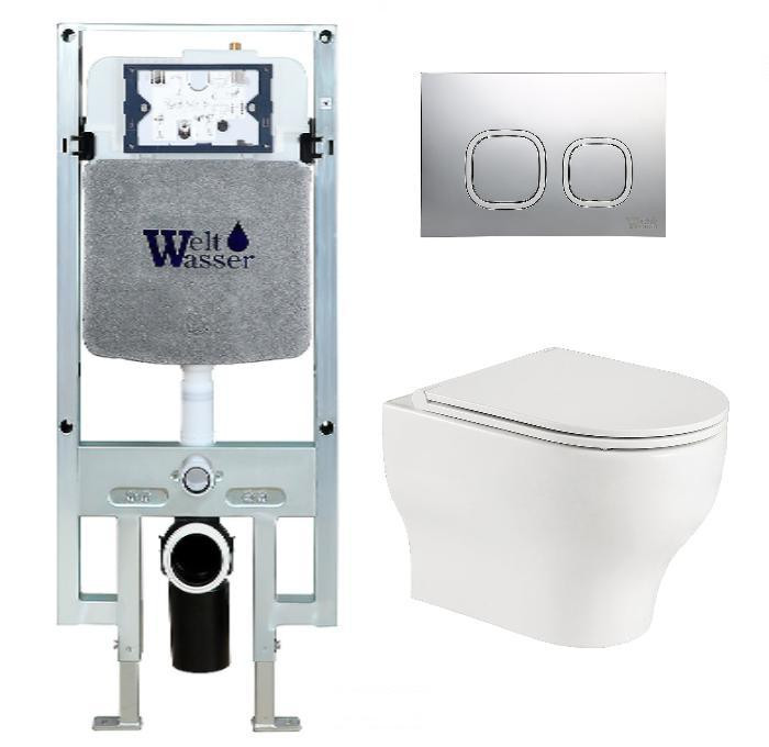 Комплект: Инсталляция, подвесной унитаз и кнопка Welt Wasser AMBERG 497 ST + ERLENBACH 004 GL-WT + AMBERG RD-MT CR