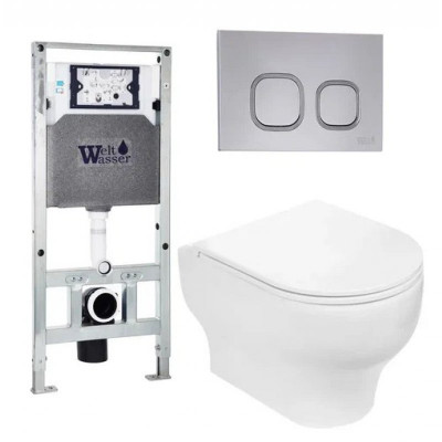 Комплект: Инсталляция, подвесной унитаз и кнопка Welt Wasser AMBERG 506 ST + ERLENBACH 004 GL-WT + AMBERG RD-CR