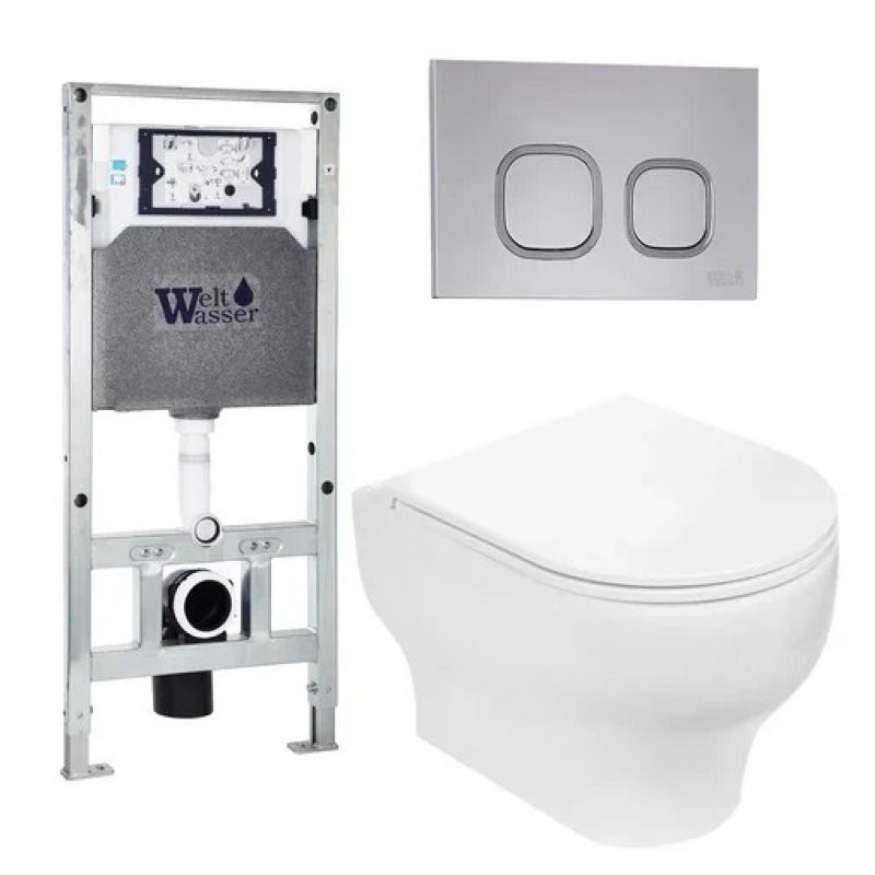 Комплект: Инсталляция, подвесной унитаз и кнопка Welt Wasser AMBERG 506 ST + ERLENBACH 004 GL-WT + AMBERG RD-CR