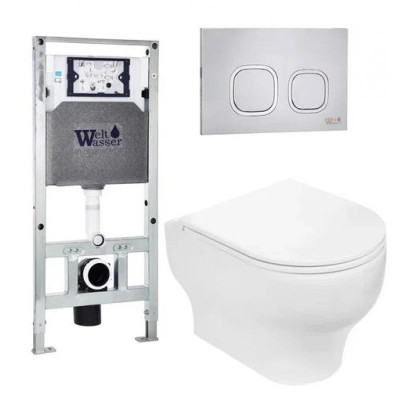 Комплект: Инсталляция, подвесной унитаз и кнопка Welt Wasser AMBERG 506 ST + ERLENBACH 004 GL-WT + AMBERG RD-MT CR