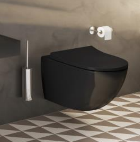 Безободковый подвесной унитаз VitrA Sento черный матовый, тонкое дюропластовое сиденье микролифт, 7748B083-0101