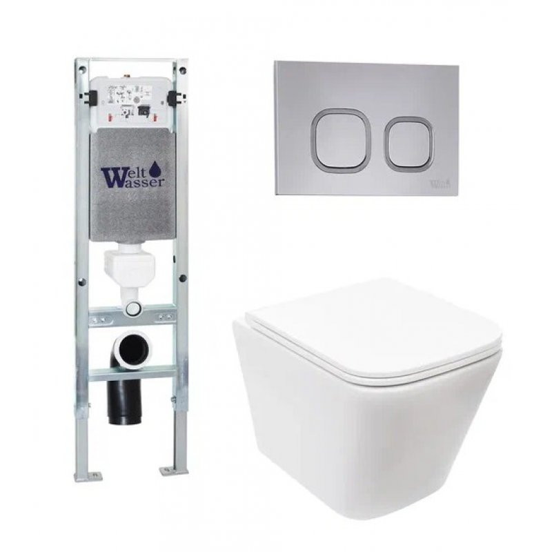 Комплект: Инсталляция, подвесной унитаз и кнопка Welt Wasser AMBERG 350 ST + GELBACH 004 GL-WT + AMBERG RD-CR