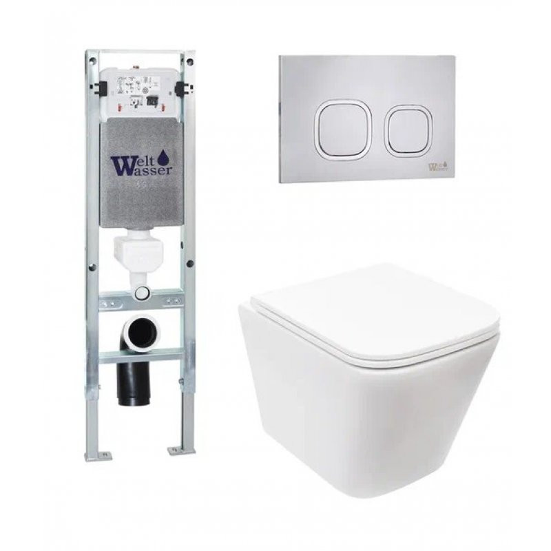 Комплект: Инсталляция, подвесной унитаз и кнопка Welt Wasser AMBERG 350 ST + GELBACH 004 GL-WT + AMBERG RD-MT CR
