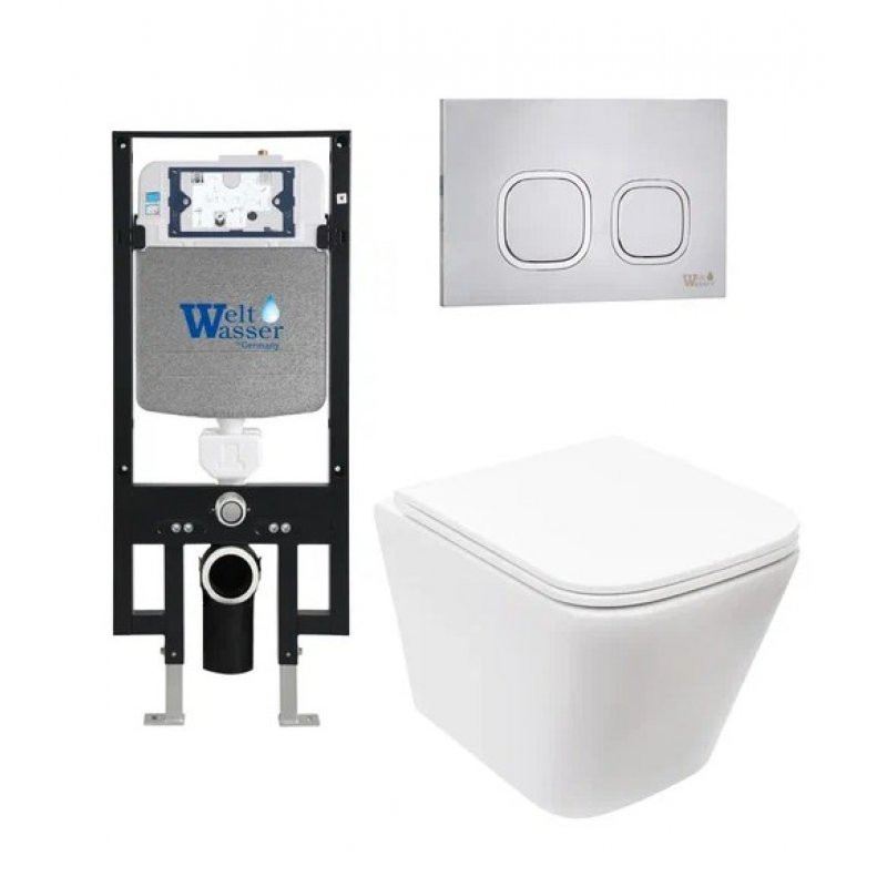 Комплект: Инсталляция, подвесной унитаз и кнопка Welt Wasser AMBERG 497 + GELBACH 004 GL-WT + AMBERG RD-MT CR