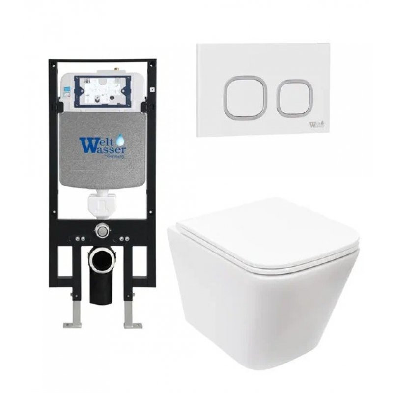 Комплект: Инсталляция, подвесной унитаз и кнопка Welt Wasser AMBERG 497 + GELBACH 004 GL-WT + AMBERG RD-WT