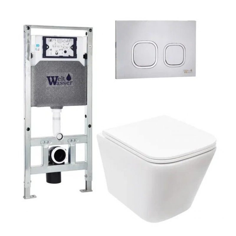 Комплект: Инсталляция, подвесной унитаз и кнопка Welt Wasser AMBERG 506 ST + GELBACH 004 GL-WT + AMBERG RD-MT CR