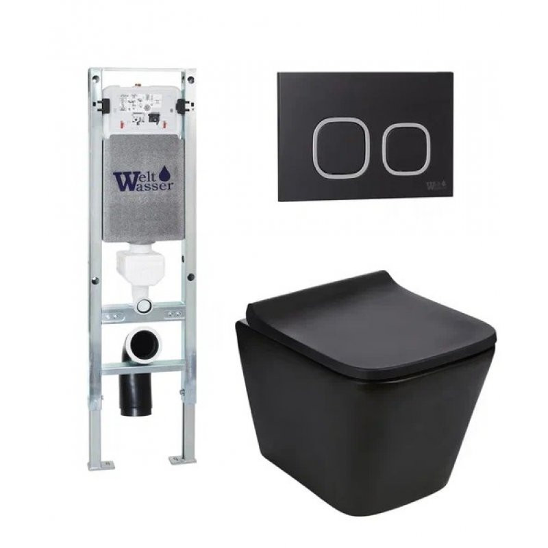 Комплект: Инсталляция, подвесной унитаз и кнопка Welt Wasser AMBERG 350 ST + GELBACH 004 MT-BL + AMBERG RD-BL